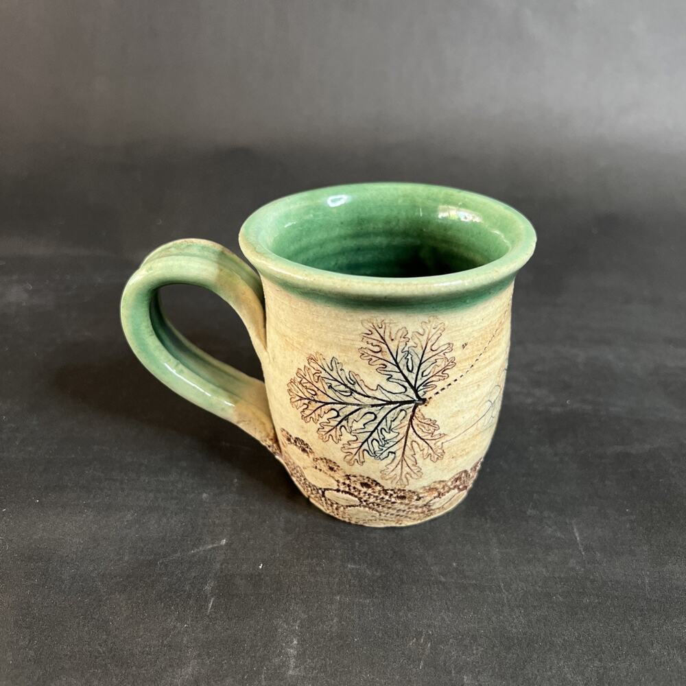 Handmade Stoneware Mug Leaf Motif Dragonfly Thistle Stained Artisan Pottery